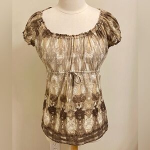 Liz Wear Vintage Brown Cream Print SZ S 90s Earthcore Chic Cottagecore Boho Top